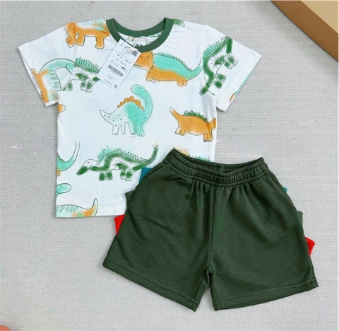 BT321- Bộ khủng long loanh trắng- mix quần cua xanh rêu vây