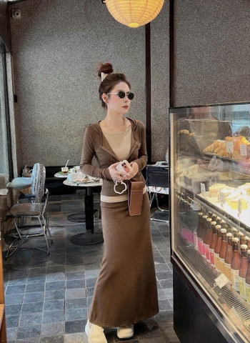 Set1047- set áo díp nâu phối chân váy midi dài