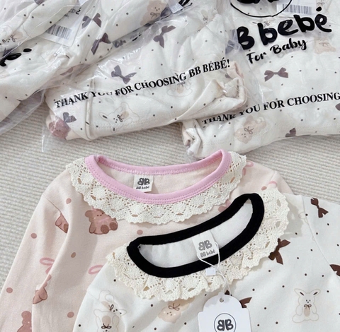 CB174-Combo 2 bộ NƠ VIỀN REN dài tay chất zip bé gái