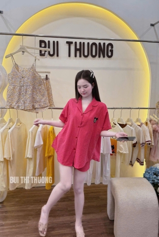 SET925-SEt PIJAMA đũi kẻ hồng thêu MICKEY