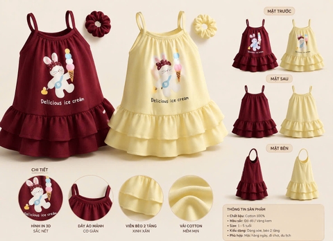 BT977- Combo 2 đầm dây vàng chất cotton in hình