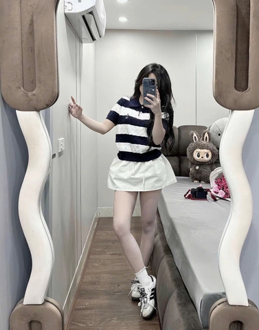 A376-Áo len cộc tay Quảng Châu cổ kẻ thêu gấu 5 màu