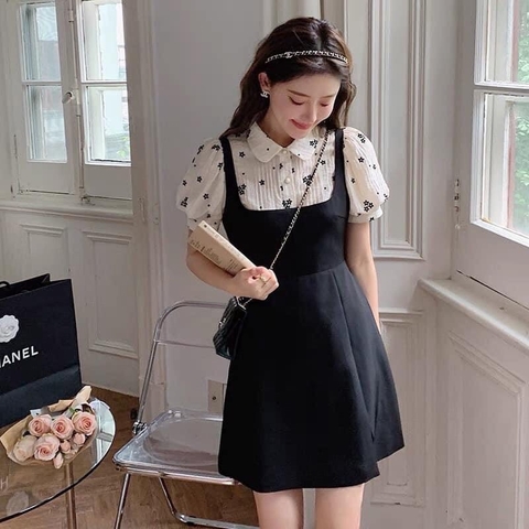 Đầm đen phối đũi hoa ( đầm liền)