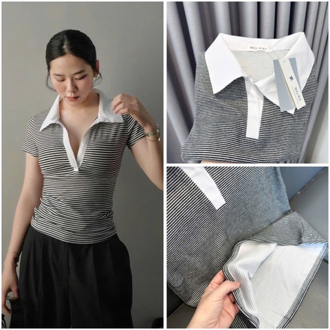 A289- Áo thun kẻ đen cổ đức phối trắng chất zio loại đẹp