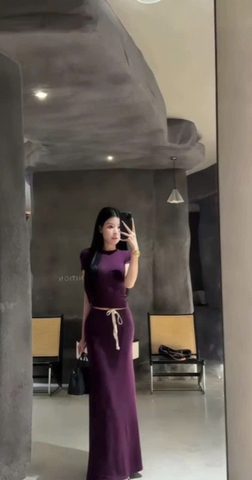 Set701- Set zip tím trơn áo crop mix C.V midi ôm dài