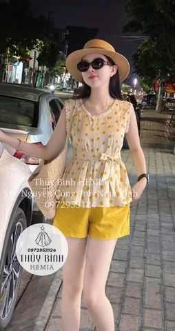 🌿Set698- SET ÁO CHẤM BI PHỐI REN KÈM ĐAI dáng cộc