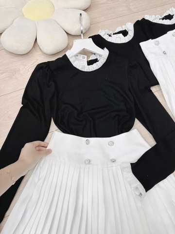 SET354-Set áo len phôi ren và chân váy xếp ly ngắn 2 lớp