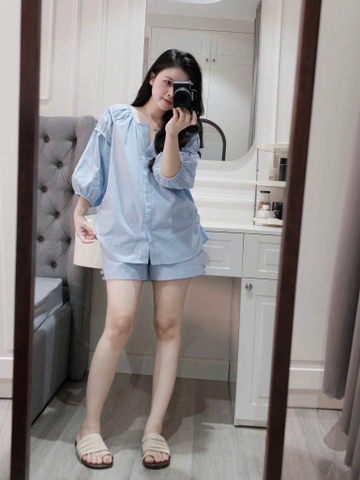 SET912-Set đũi linen màu xanh trơn áo tay lỡ bồng