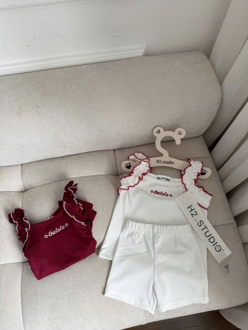 CB343- Combo 2 bộ cotton trắng đỏ bé gái thêu chữ  Thelala