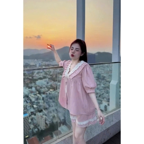 ☘️SET496- Set cộc đũi tằm viền ren màu hồng