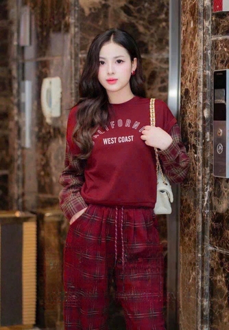 ☘️SE395-SET BỘ ÁO PHỐI QUẦN KẺ SUÔNG MÀU ĐỎ ☘️
