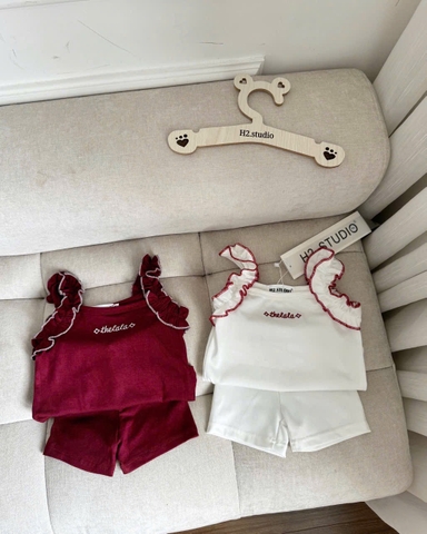 CB343- Combo 2 bộ cotton trắng đỏ bé gái thêu chữ  Thelala