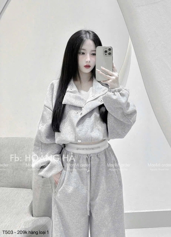 Set803- set nỉ bông màu ghi sáng cao cổ khoác trước