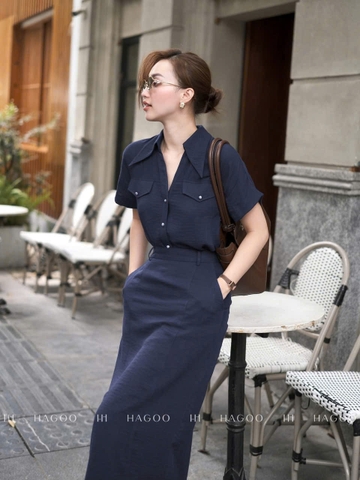 Set773- Set công sở áo sơ mi than cổ bẻ phối chân váy midi