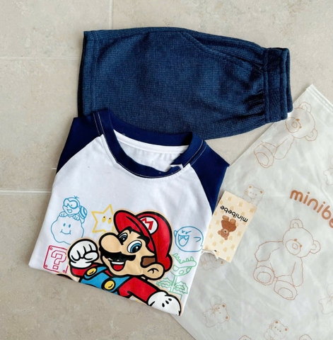 BT525- Bộ ao cotton trắng phối Mario mix quần cua tăm bé trai