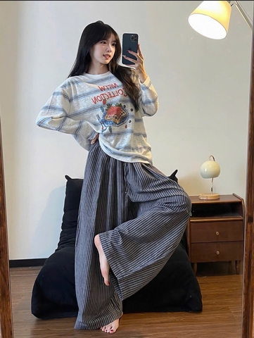 SET1063- Set áo thun giấy Colec phối quần suông kẻ