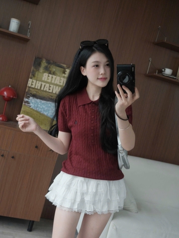 A377-Áo len cộc tay Quảng Châu cổ bẻ thêu ngực 5 màu trơn