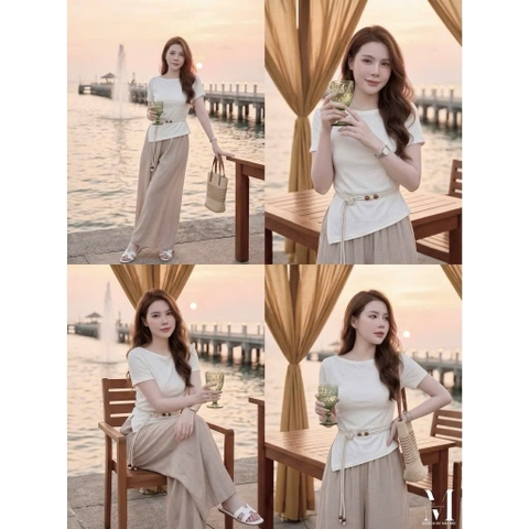 SET999- Set áo đũi be phối quần ống suông Tặng kèm dây đai