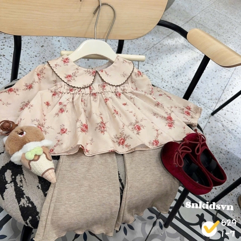 damgai09- Set áo hoa đỏ quần tăm loe dài màu be