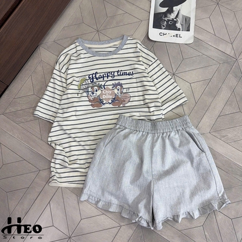 Set667- Bộ kẻ ngang viền bèo chất cotton dáng cộc