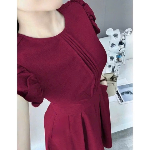 Dam179-Váy đỏ midi xếp ly dáng dài
