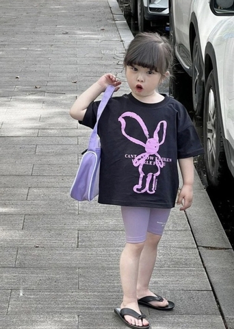 BT059-Bộ áo cotton mix legging tăm THỎ ĐEN TÍM VNXK