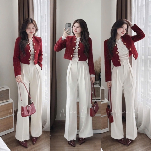 A172- Áo khoác dạ đỏ đô gắn cúc đồng