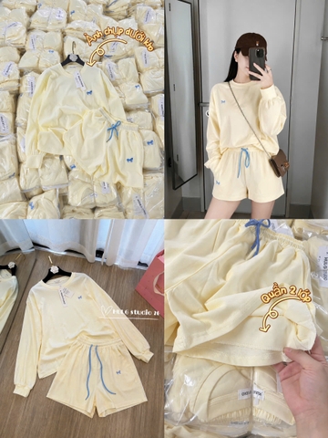 set1035- Set áo thun vàng dài phối quần cộc 2 lớp