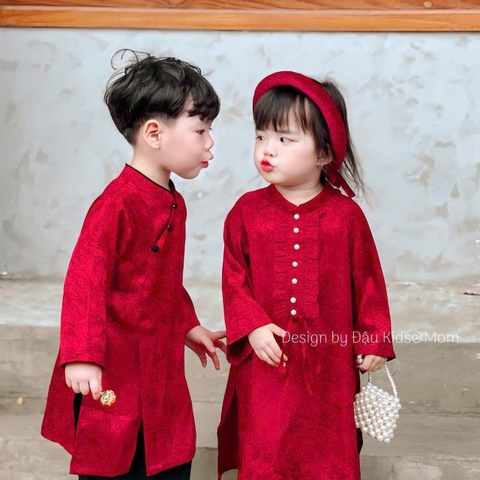 SETKID059- Set áo dài trai/gái đỏ quần lụa đen