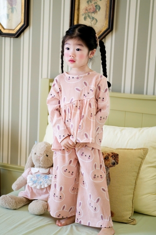 CbB165-Combo 2 bộ nỉ tăm dài tay bé gái Thỏ hồng VNXK