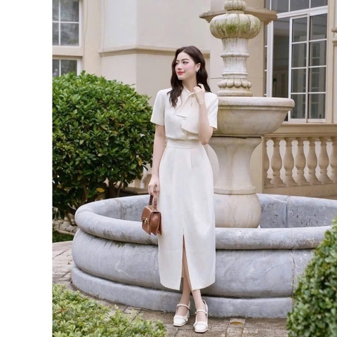 SET733- Set công sở áo cộc tay nơ cổ phối chân váy midi chữ A
