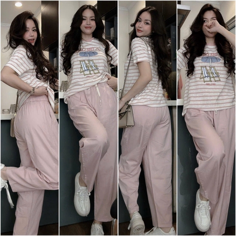 Set716- Set COAST hồng kẻ mix quần bom gió