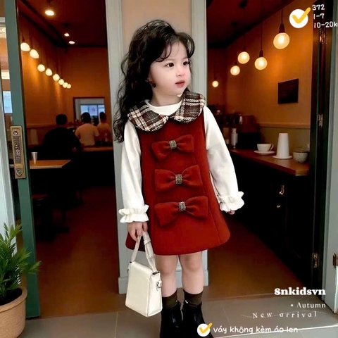 Bt773- Đầm dạ dạ đỏ 3 nơ bé gái 2 lớp chất mịn đẹp