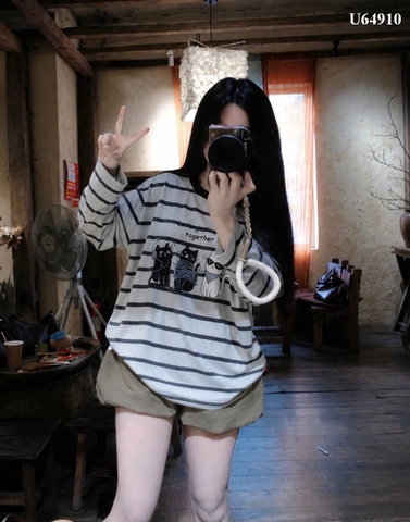 A648- Áo thun giấy dài tay trắng kẻ ngang freesize