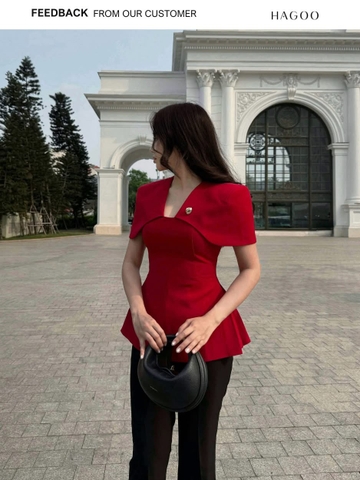 A359-Áo cộc choàng vai 2 lớp ly eo tặng kèm tag cài