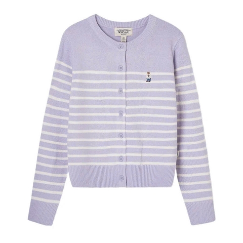 A422-Aó len cadigan kẻ ngang thêu gấu 2 màu tím nâu