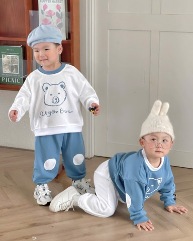 BT733- Combo 2 bộ nỉ bé trai phối màu xanh trắng