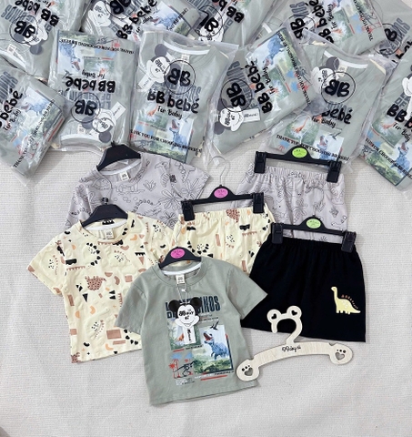 CB214-Com bo 3 bộ thun cộc tay bé trai hoạ tiết khủng long xám