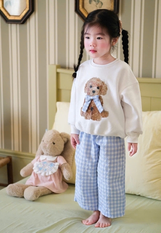 BN159-Bộ nỉ GẤU KẺ XANH bé gái VNXK