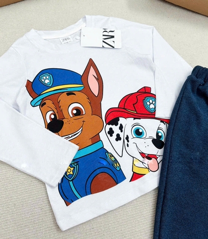 BN187-Bộ côtton thu đông dài tay bé trai CỨU HỘ TRẮNG XANH VNXK