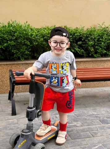 BT334-Bộ áo cotton HAPPY FUN mix quần cua đỏ bé trai