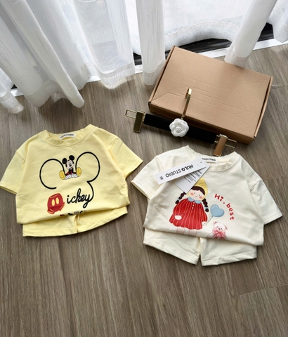 BT921-combo 2 bộ gái cotton dáng cộc in HI BEST vàng-trắng