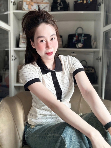 a251- Áo polo chấm bi cổ đen chất đẹp full tem