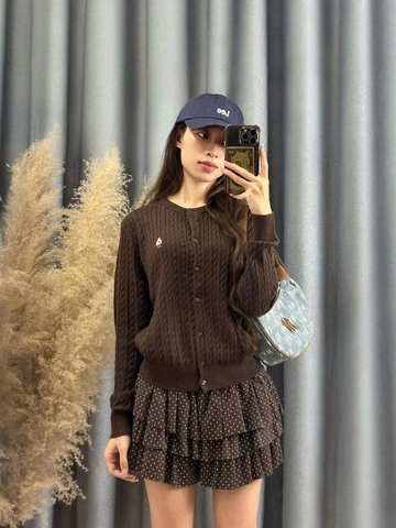 A442- Áo len cadigan màu nâu thêu gấu