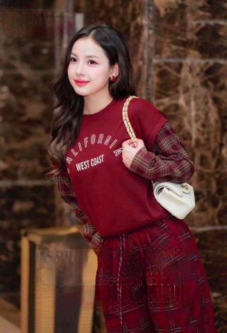 ☘️SE395-SET BỘ ÁO PHỐI QUẦN KẺ SUÔNG MÀU ĐỎ ☘️