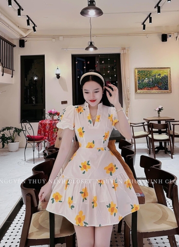 Đầm hoa cổ V xoè bèo 2 lớp