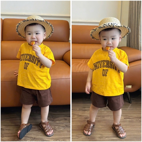 BT456- Bộ ao cotton Unive vàng mix quần cua màu nâu