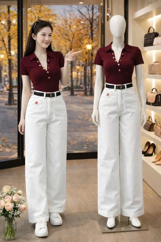 Set865- Set áo thun đỏ cúc phối quần jean trắng suông nổi bật