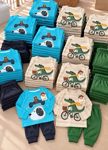 BT1089- Combo 2 bộ cotton CÁ SẤU mix CÚN dài tay
