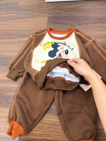 BT1095- Bộ nỉ hai da phối nâu viền chỉ minibebe